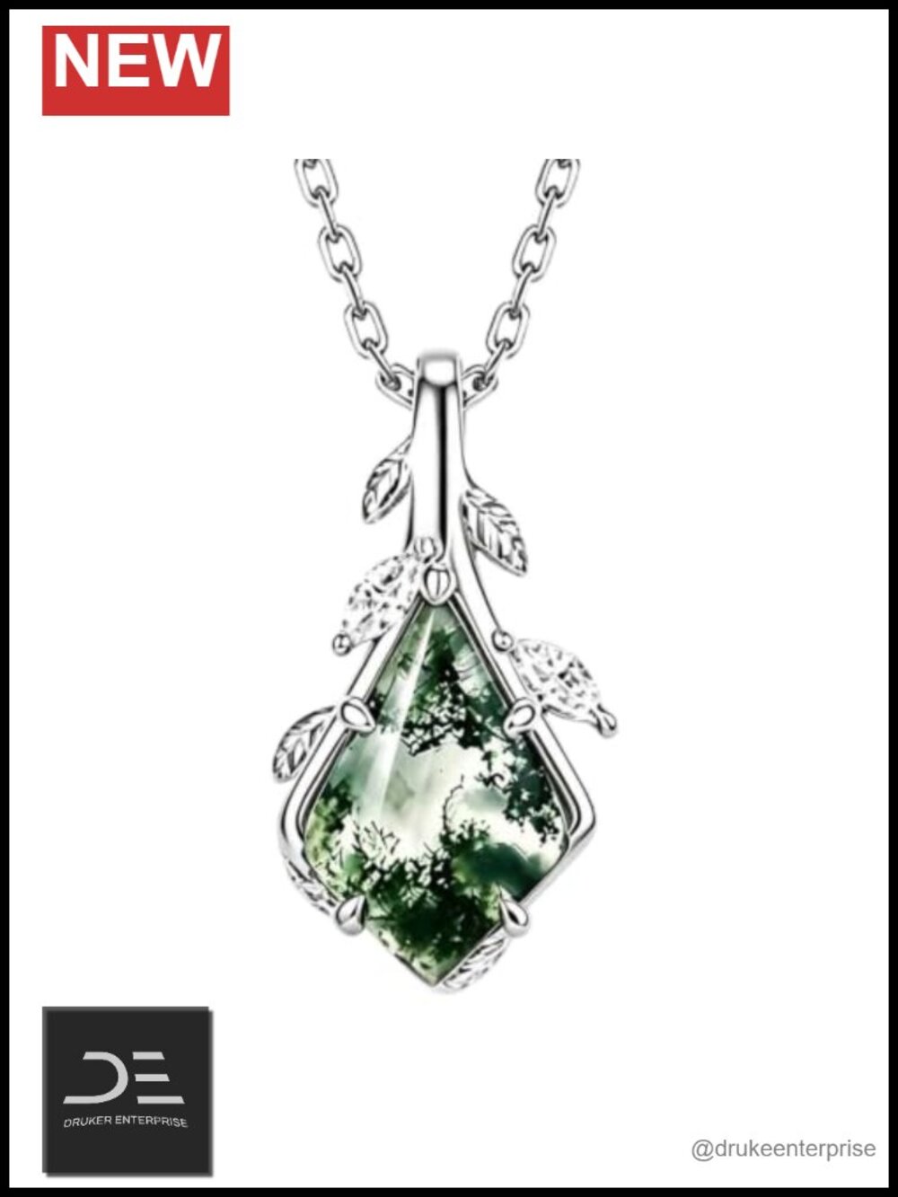 14K White Gold Plated Kite Cut Moss Agate Pendant Necklace with CZ